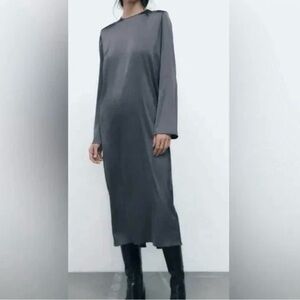 NWT ZARA SATIN EFFECT DARK CHARCOAL GRAY Long Sleeve Midi Dress Sz S